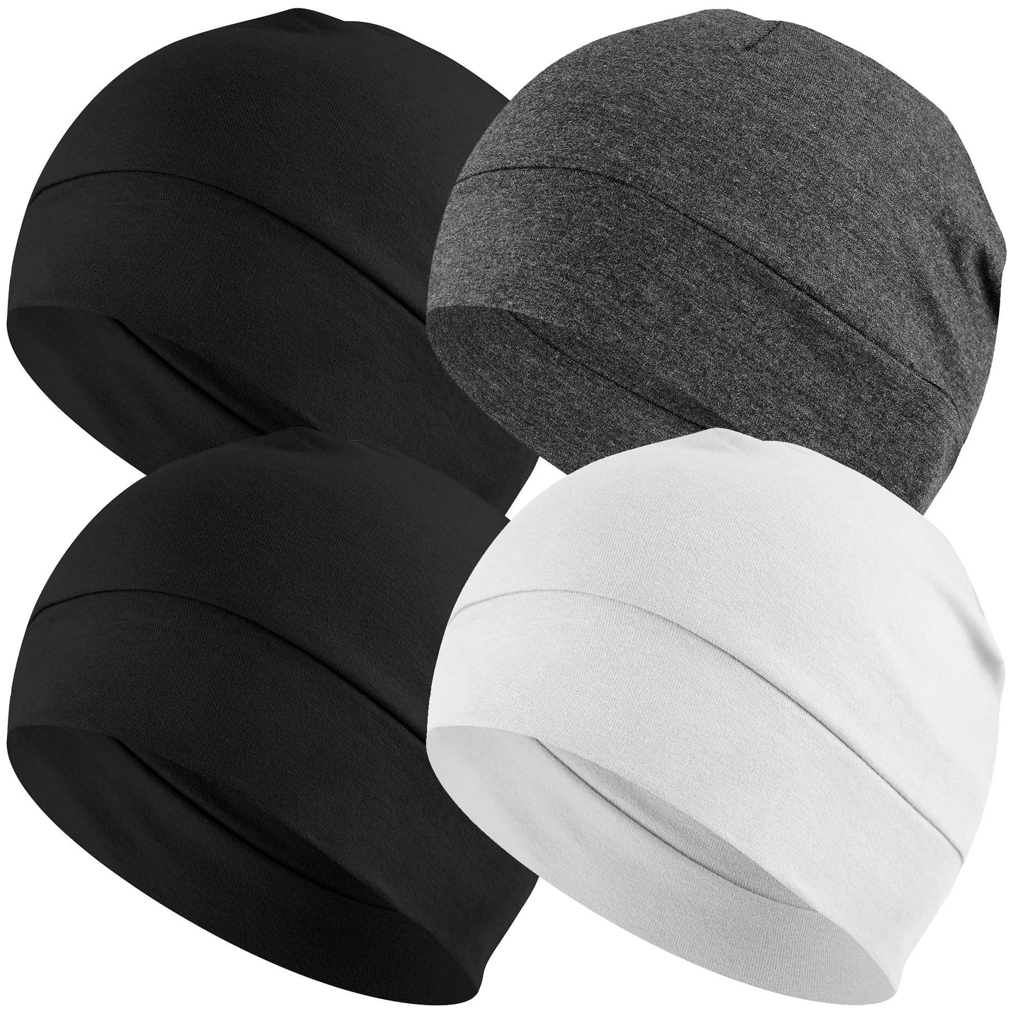 Cotton Skull Cap 4 Pack Thin Cancer Chemo Hat Beanies for Men Women,2 Black,Grey,White