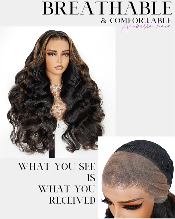 Arabella Glueless Lace Front Wigs Human Hair 13x4 Tiny Knots Real Pre Bleached 1B/30 Highlight Ombre Lace Front Wig Human Hair 210% Density Upgraded Body Wave Wigs (20inch, 13x4 1B/30 bady wave)