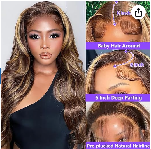 Honey Blonde Ombre Lace Front Wig Human Hair Highlight Body Wave 13X6 Lace Front Wigs Human Hair Pre Plucked HD Frontal 180 Density Glueless 4/27 Highlighted Human Hair Wig 26 Inch